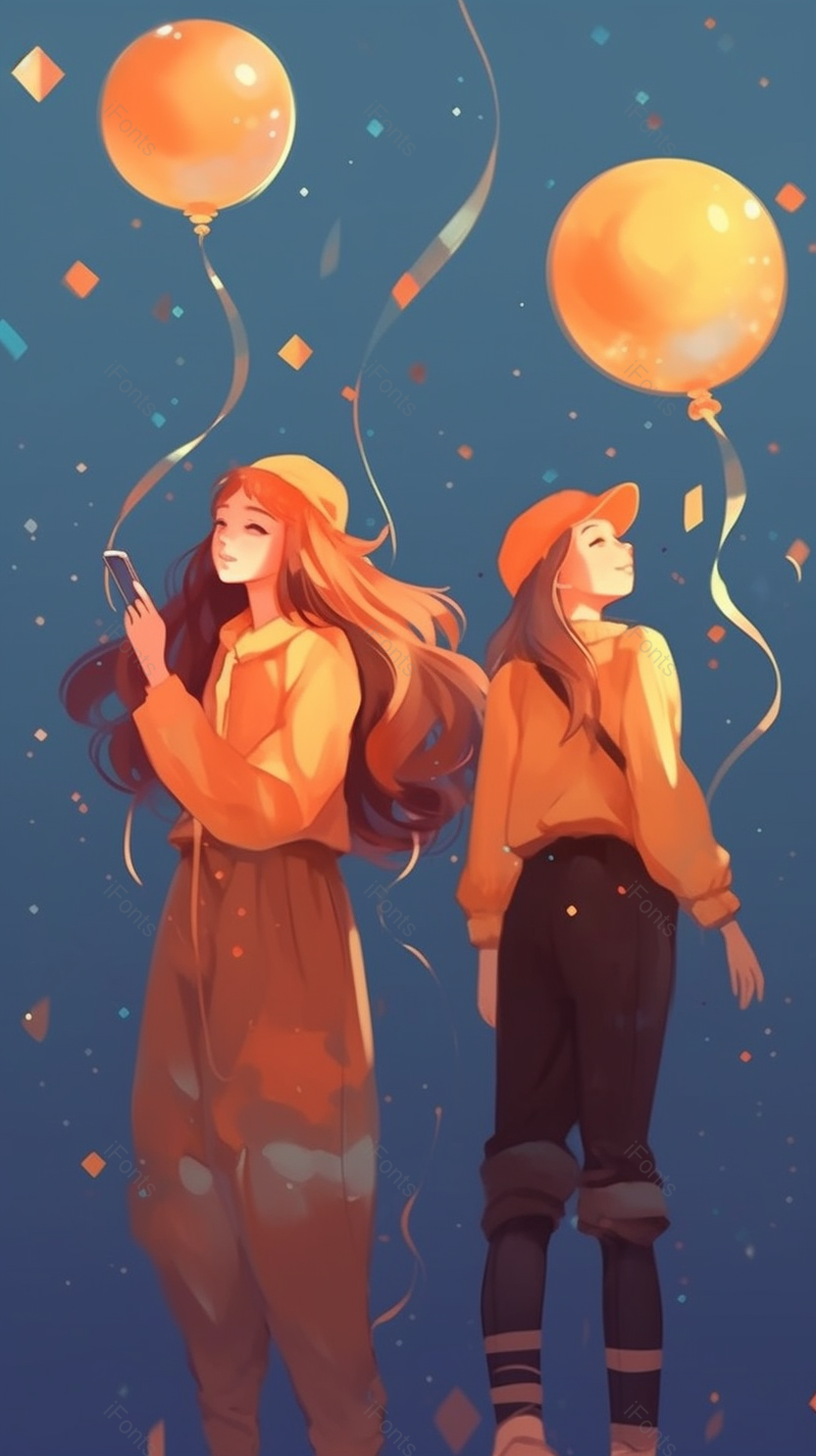 两个女孩手拿气球插画艺术手绘图背景图,插画/手绘图,插画/手绘图库,插画/手绘图下载,插画/手绘